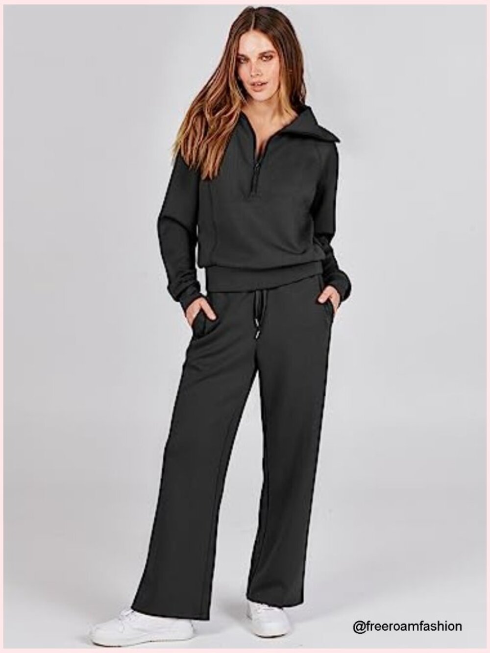 Half Zip Sweatshirt & Wide Leg Pants 2 Piece Set Loungewear Travel Outfit - Picture 2 of 7